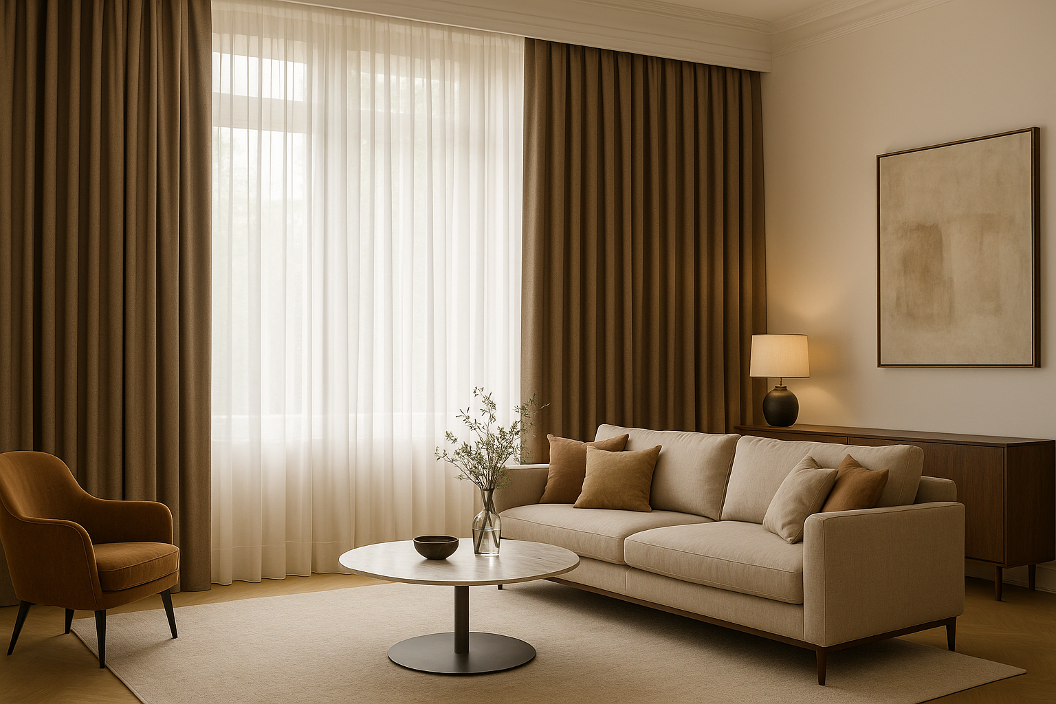 Modern living room interior with beige sofa, round coffee table, and large balcony window featuring double-layer curtains with linen sheer and blackout fabric installed by Alamkritha Curtains & Decor in Kerala.