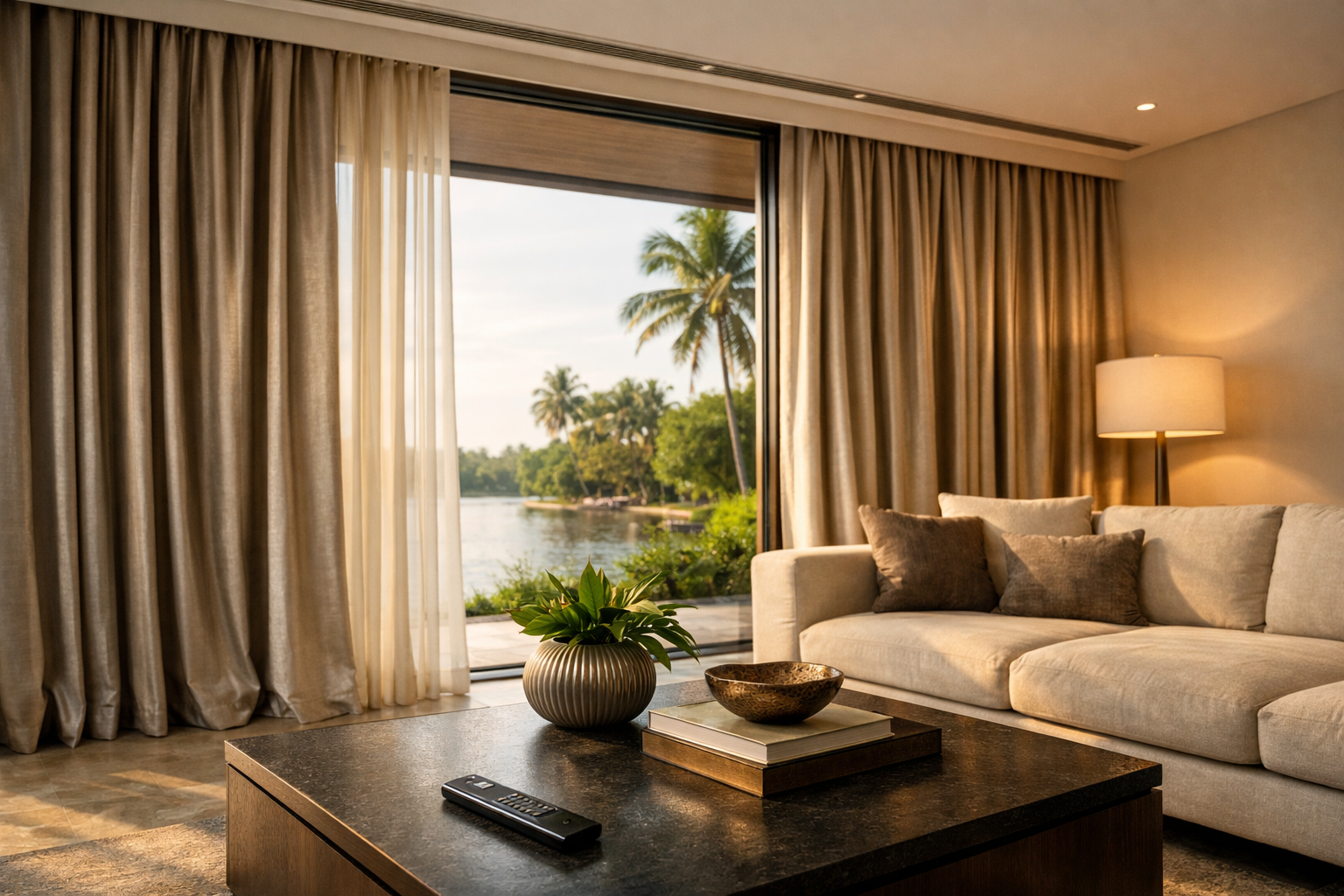 luxury interior furnished with long curtains and sofa